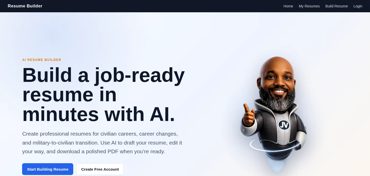 Screenshot of the AI Resume Builder homepage, showing the navigation, the headline “Build a job-ready resume in minutes with AI,” and the Mansa AI assistant illustration.