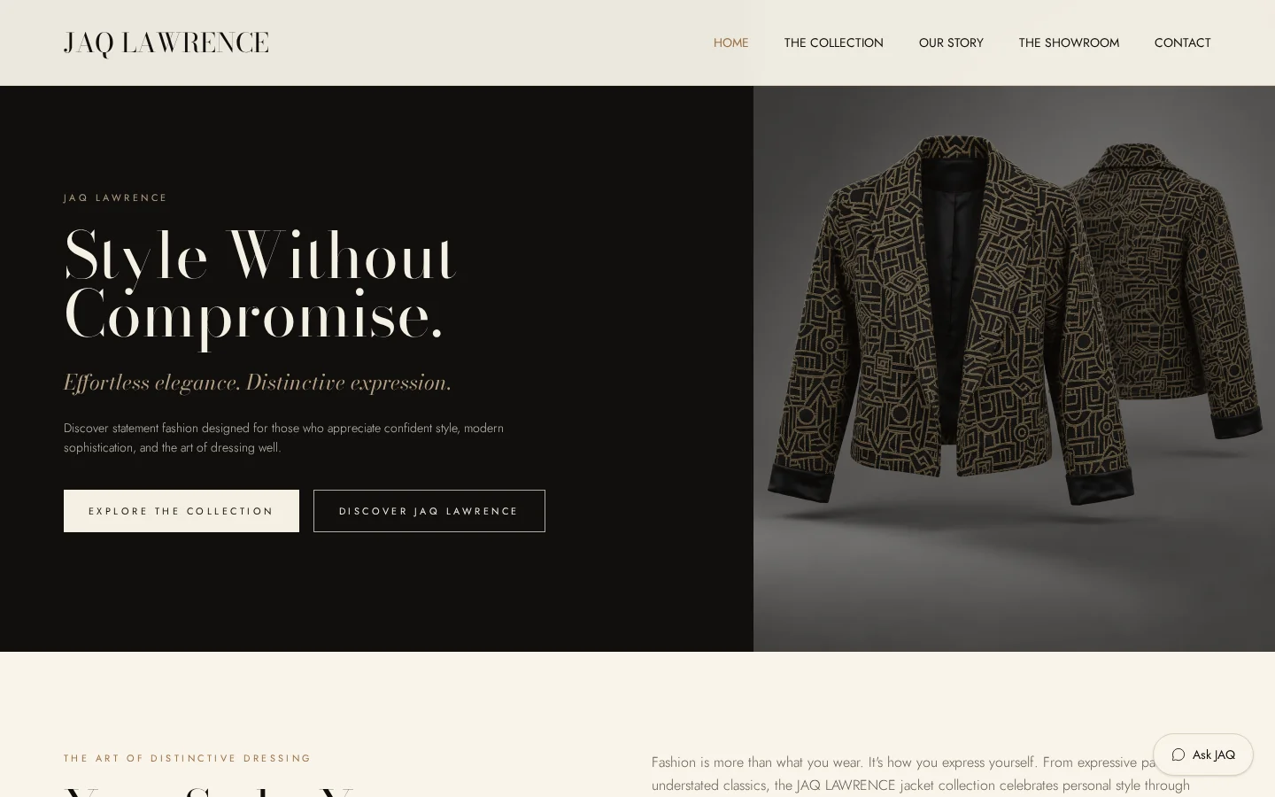 JAQ LAWRENCE homepage showing the headline Style Without Compromise, patterned fashion pieces and an Explore the Collection call to action.