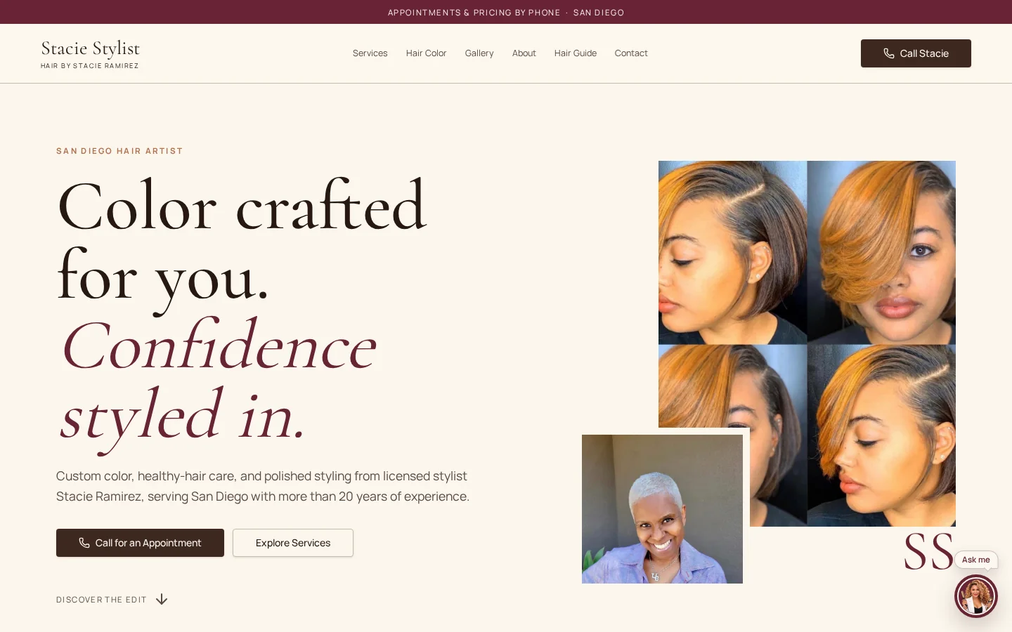 Stacie Stylist homepage showing its San Diego hair services, hairstyle gallery, Hair Guide navigation and appointment calls to action.
