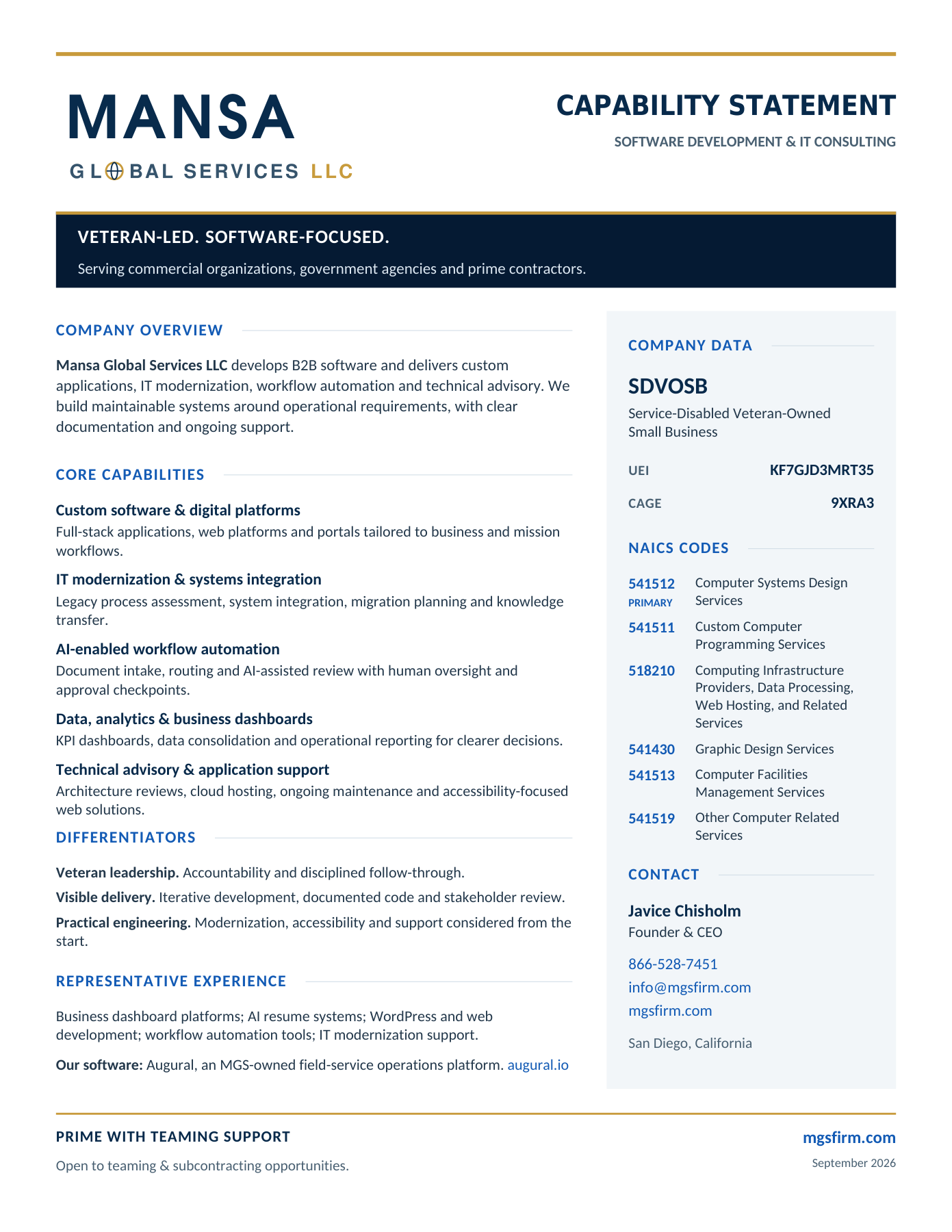 One-page capability statement for Mansa Global Services LLC, listing SDVOSB status, UEI KF7GJD3MRT35, CAGE 9XRA3, core capabilities, differentiators, representative experience, NAICS codes and contact details for Javice Chisholm.